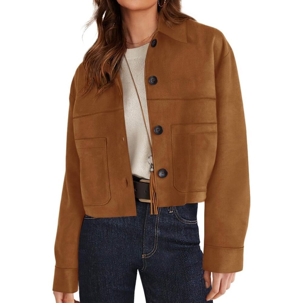 Women's Faux Suede Cropped Jacket Casual Lightweight Spring Fall Coats Outerwear